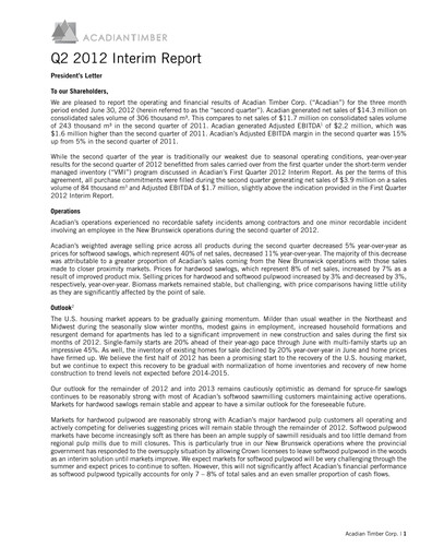 Vorschaubild Acadian Timber Quartalsbericht 2012-q2