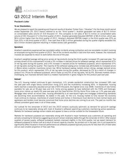 Vorschaubild Acadian Timber Quartalsbericht 2012-q3