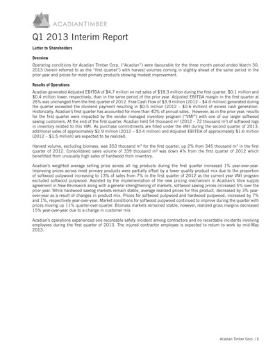 Vorschaubild Acadian Timber Quartalsbericht 2013-q1