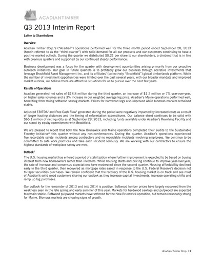 Vorschaubild Acadian Timber Quartalsbericht 2013-q3