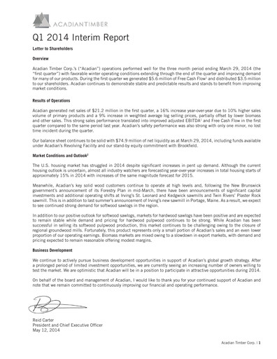 Vorschaubild Acadian Timber Quartalsbericht 2014-q1