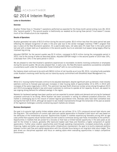 Vorschaubild Acadian Timber Quartalsbericht 2014-q2