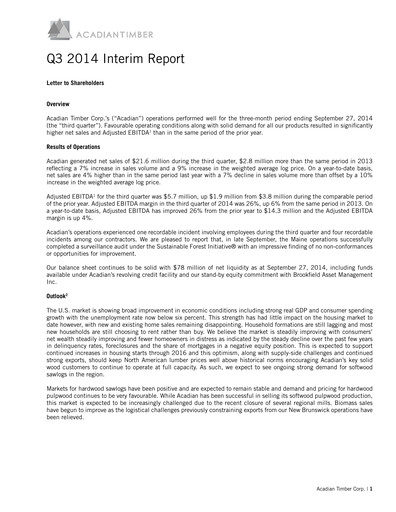 Vorschaubild Acadian Timber Quartalsbericht 2014-q3