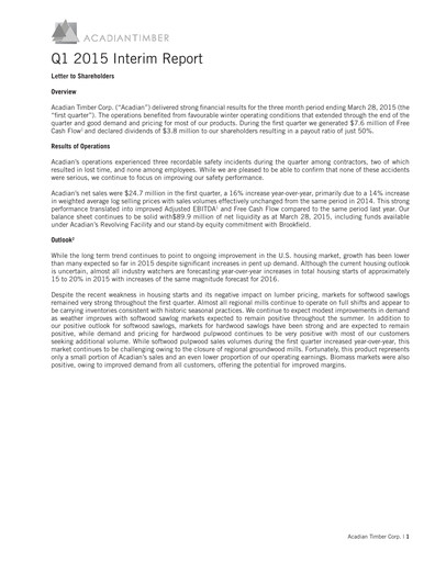 Vorschaubild Acadian Timber Quartalsbericht 2015-q1