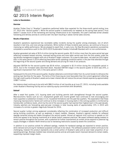 Vorschaubild Acadian Timber Quartalsbericht 2015-q2
