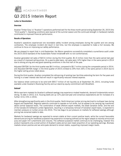 Vorschaubild Acadian Timber Quartalsbericht 2015-q3