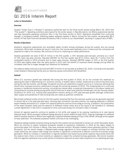 Vorschaubild Acadian Timber Quartalsbericht 2016-q1