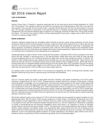 Vorschaubild Acadian Timber Quartalsbericht 2016-q3