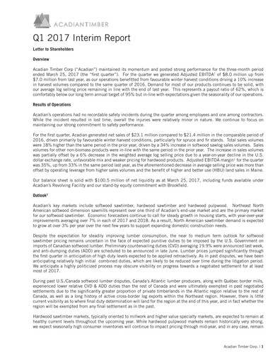 Vorschaubild Acadian Timber Quartalsbericht 2017-q1