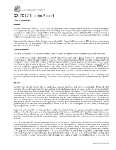 Vorschaubild Acadian Timber Quartalsbericht 2017-q3