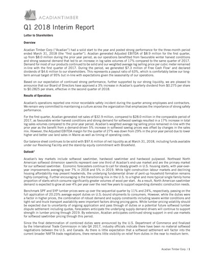 Vorschaubild Acadian Timber Quartalsbericht 2018-q1