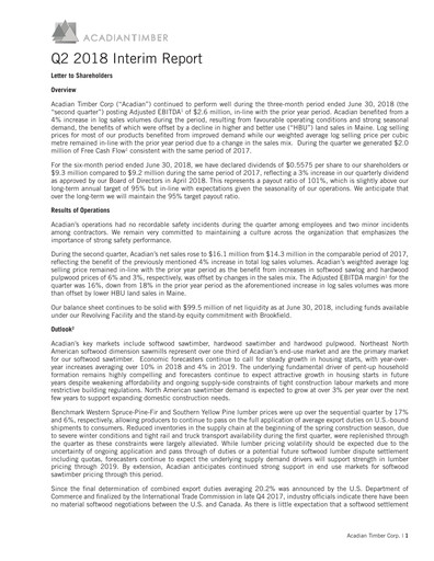 Vorschaubild Acadian Timber Quartalsbericht 2018-q2