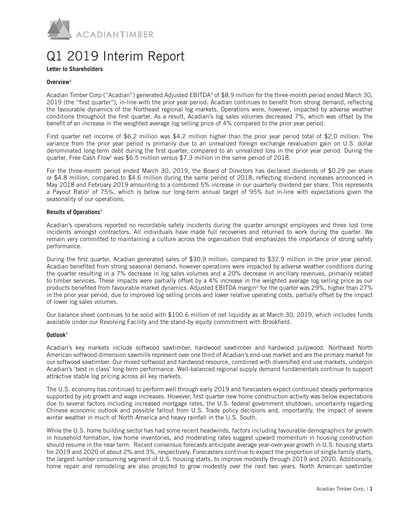 Vorschaubild Acadian Timber Quartalsbericht 2019-q1