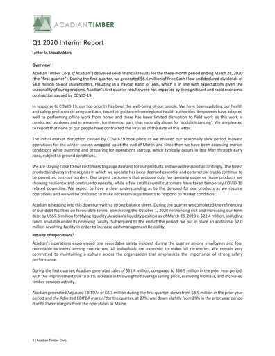 Vorschaubild Acadian Timber Quartalsbericht 2020-q1