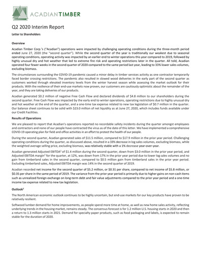 Vorschaubild Acadian Timber Quartalsbericht 2020-q2