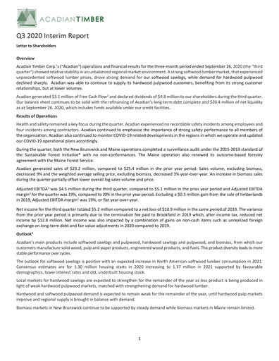 Vorschaubild Acadian Timber Quartalsbericht 2020-q3