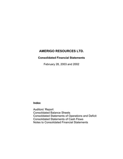 Miniature Amerigo Resources Bilan financier 2002-2003