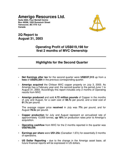 Thumbnail Amerigo Resources Financial Statement 2003-q2
