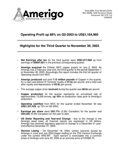 Thumbnail Amerigo Resources Financial Statement 2003-q3