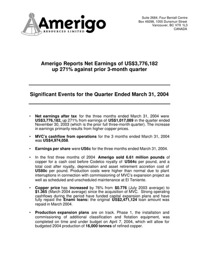 Thumbnail Amerigo Resources Financial Statement 2004-q1