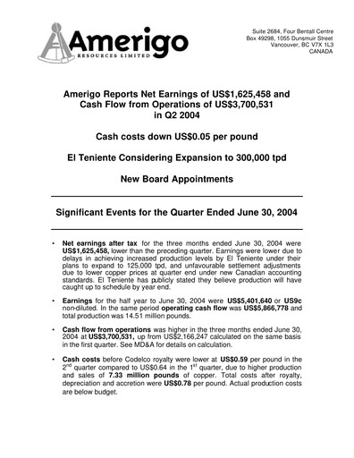 Thumbnail Amerigo Resources Financial Statement 2004-q2
