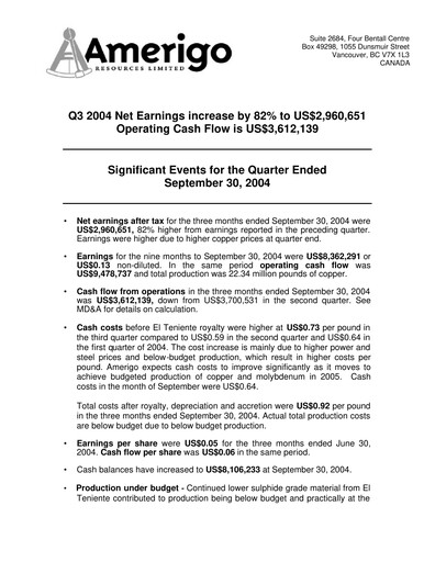 Thumbnail Amerigo Resources Financial Statement 2004-q3
