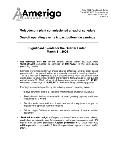 Thumbnail Amerigo Resources Financial Statement 2005-q1