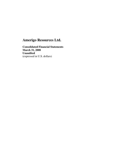 Thumbnail Amerigo Resources Financial Statement 2008-q1