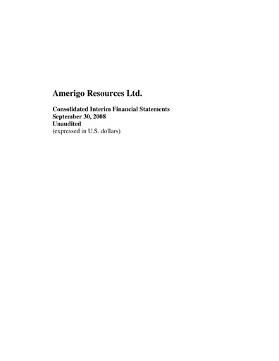 Thumbnail Amerigo Resources Financial Statement 2008-q3