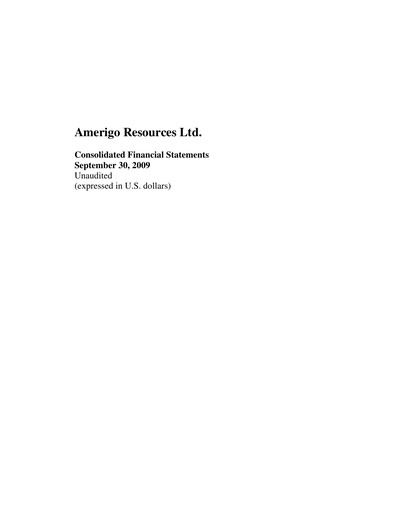 Thumbnail Amerigo Resources Financial Statement 2009-q3
