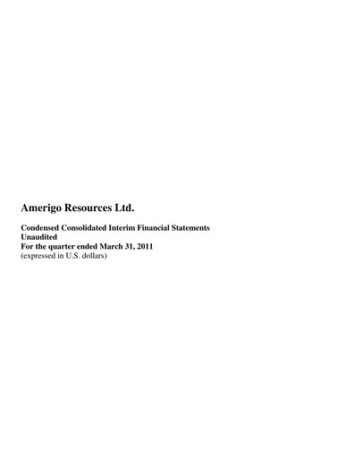 Thumbnail Amerigo Resources Financial Statement 2011-q1