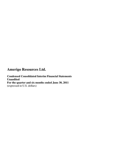 Thumbnail Amerigo Resources Financial Statement 2011-q2