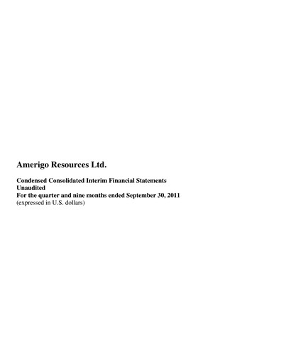 Thumbnail Amerigo Resources Financial Statement 2011-q3