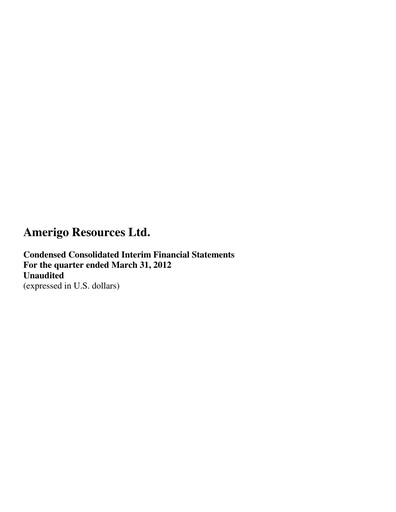 Thumbnail Amerigo Resources Financial Statement 2012-q1