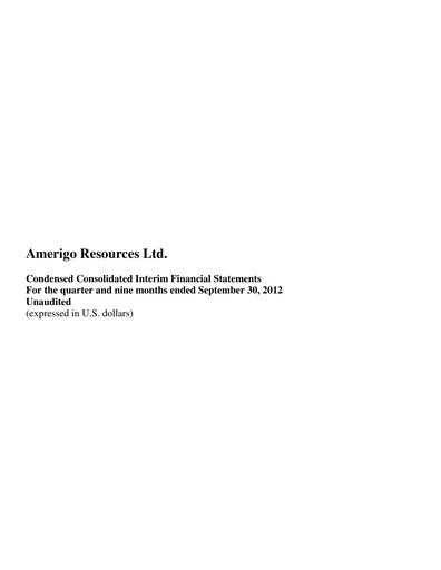 Thumbnail Amerigo Resources Financial Statement 2012-q3