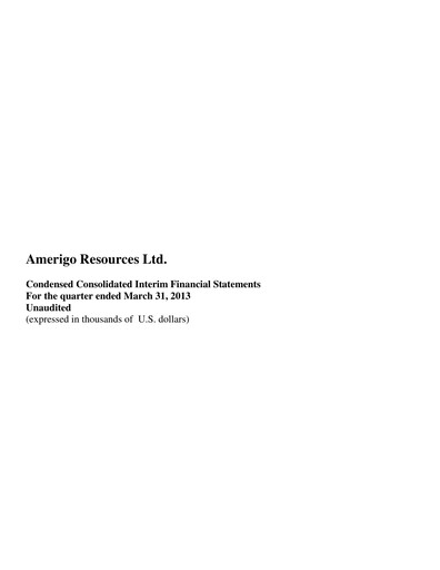 Thumbnail Amerigo Resources Financial Statement 2013-q1