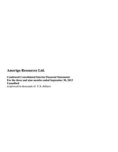 Thumbnail Amerigo Resources Financial Statement 2013-q3