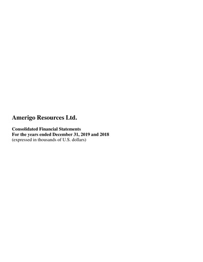 Thumbnail Amerigo Resources Financial Statement 2019
