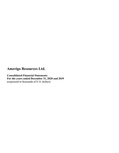 Thumbnail Amerigo Resources Financial Statement 2020