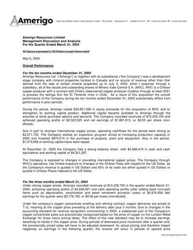 Miniature Amerigo Resources Rapport trimestriel 2004-q1
