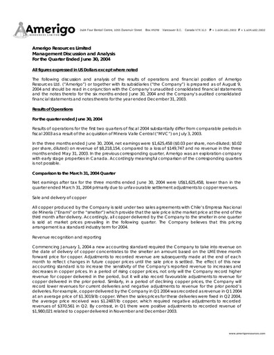 Miniature Amerigo Resources Rapport trimestriel 2004-q2
