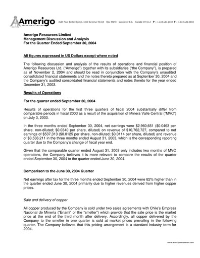 Miniature Amerigo Resources Rapport trimestriel 2004-q3