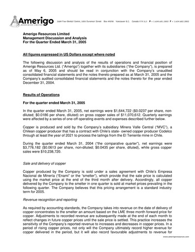Miniature Amerigo Resources Rapport trimestriel 2005-q1