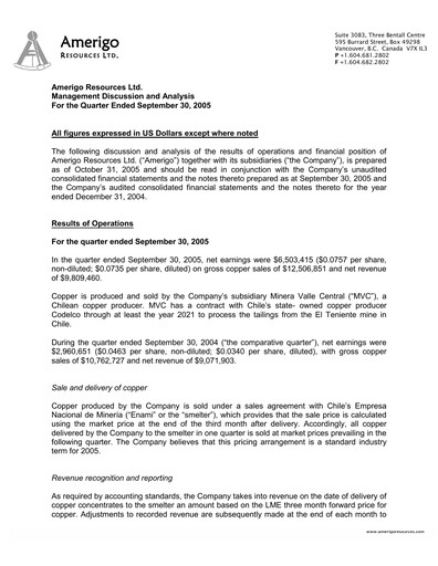 Miniature Amerigo Resources Rapport trimestriel 2005-q3