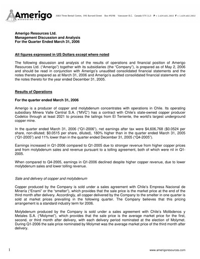 Miniature Amerigo Resources Rapport trimestriel 2006-q1