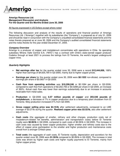 Miniature Amerigo Resources Rapport trimestriel 2006-q2