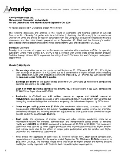 Miniature Amerigo Resources Rapport trimestriel 2006-q3