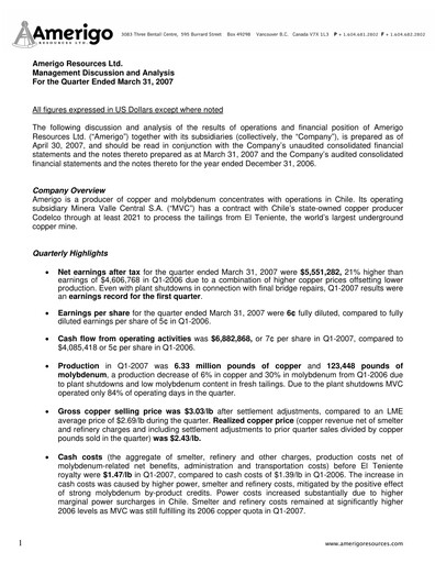 Miniature Amerigo Resources Rapport trimestriel 2007-q1