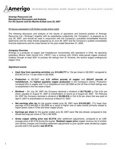 Miniature Amerigo Resources Rapport trimestriel 2007-q2