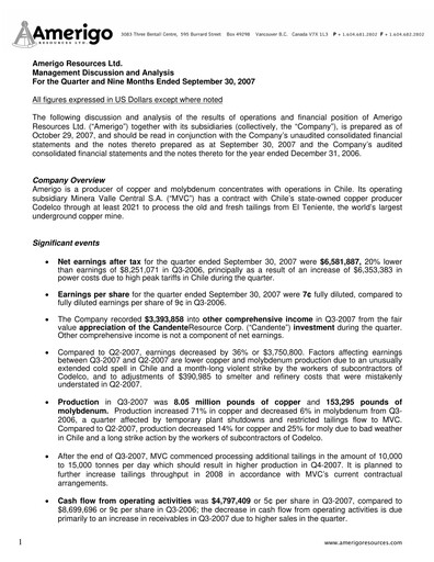 Miniature Amerigo Resources Rapport trimestriel 2007-q3
